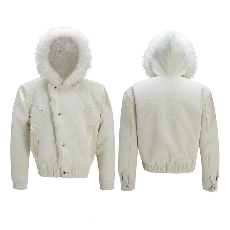LUZHEN 2025 Winter Stylish Slant Buttoned Placket Faux Fur Thickened Warm Hooded Leather Jacket Men's Casual Padded Coat JY5791