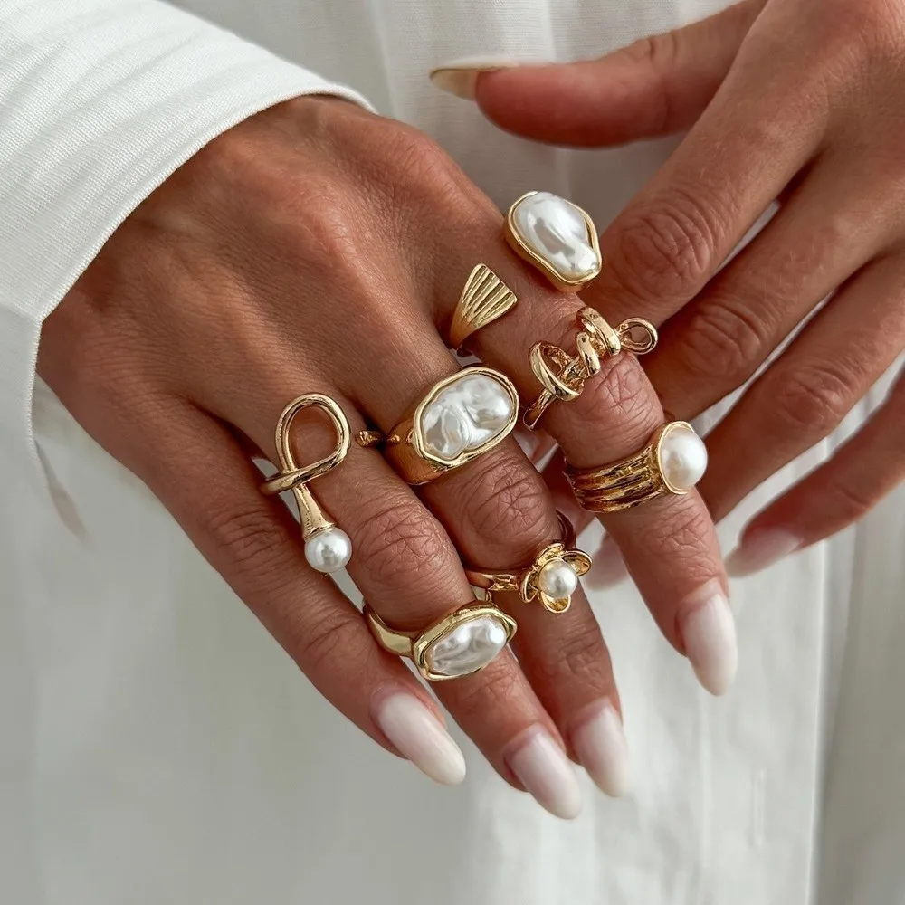 Baroque Imitate Pearl Ring Set Flower Outline Geometric Mold Finger Jewelry Multi Stack Layout Ins Sweet Cool Tone