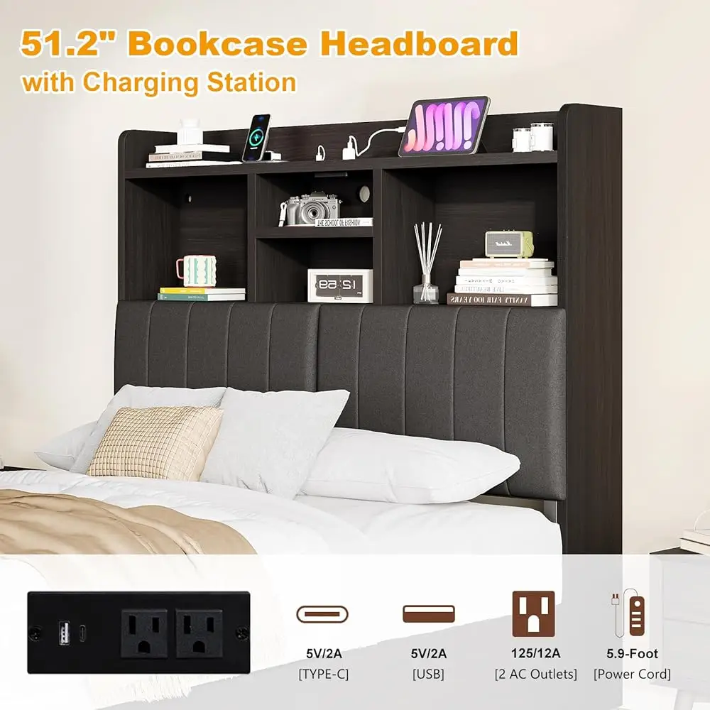 Rangka Tempat Tidur Penuh Dengan Headboard Rak Buku, Tempat Tidur Platform Berlapis Rumah Pertanian Dengan 4 Laci Penyimpanan, Tempat Tidur Led Dengan Pengisian Daya