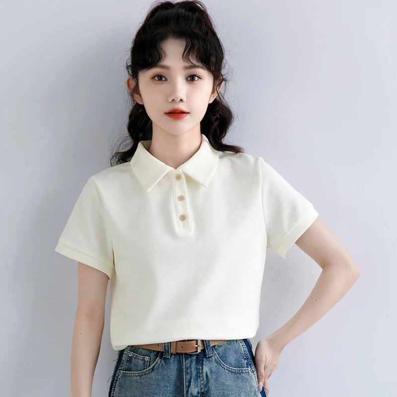 Apricot lapel T-shirt women's summer solid color simple versatile polo shirt