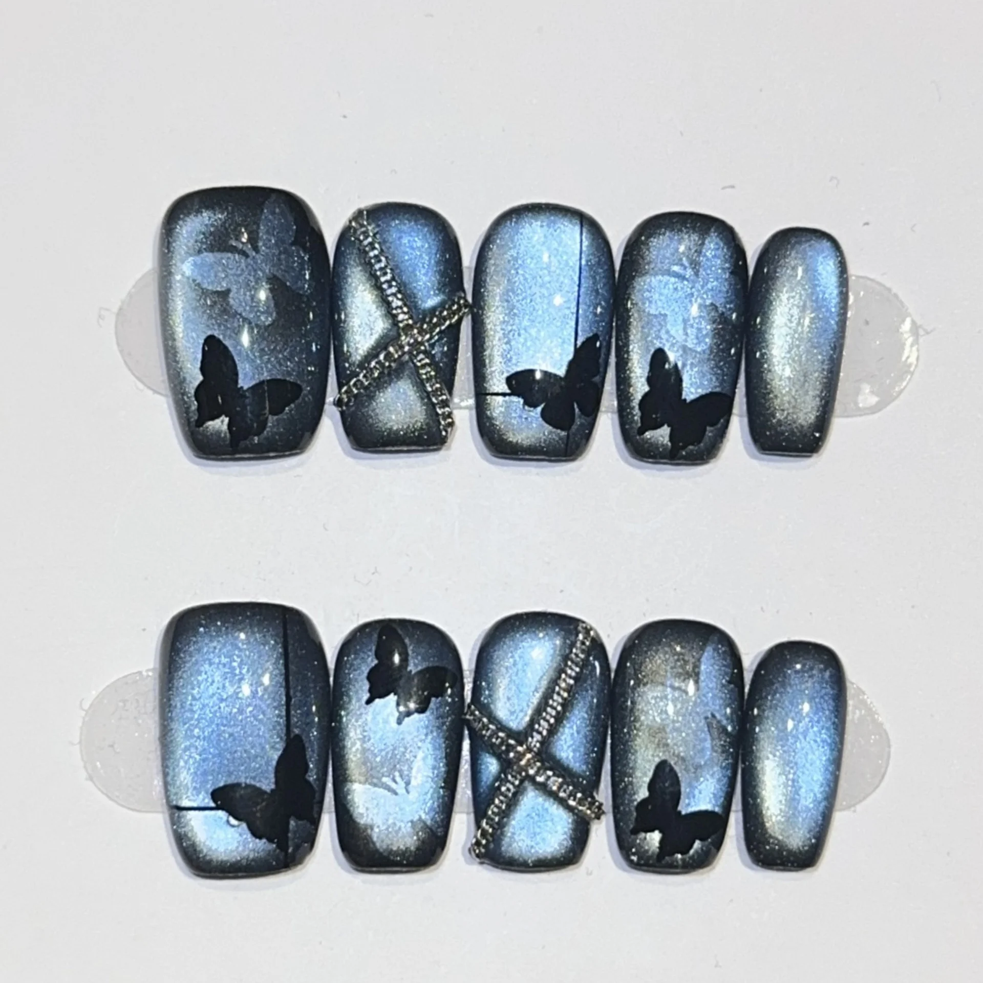 

10pcs Butterfly Pattern Handmade Fake Nails Cat's Eye Mid-length Square Press on Nails Tips for Women＆girl Blue Gyaru False Nai