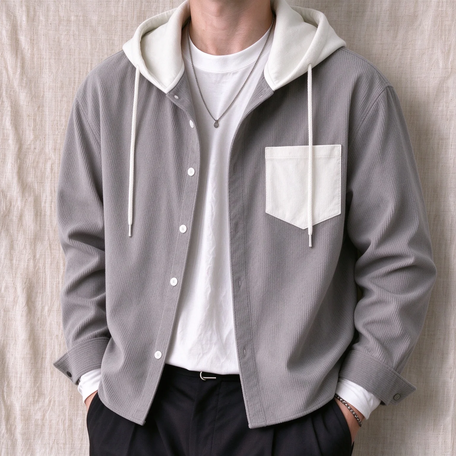 Men Corduroy Hooded Jacket Color Block Pocket Button Down Long Sleeve Loose Casual Outerwear For Autumn Winter