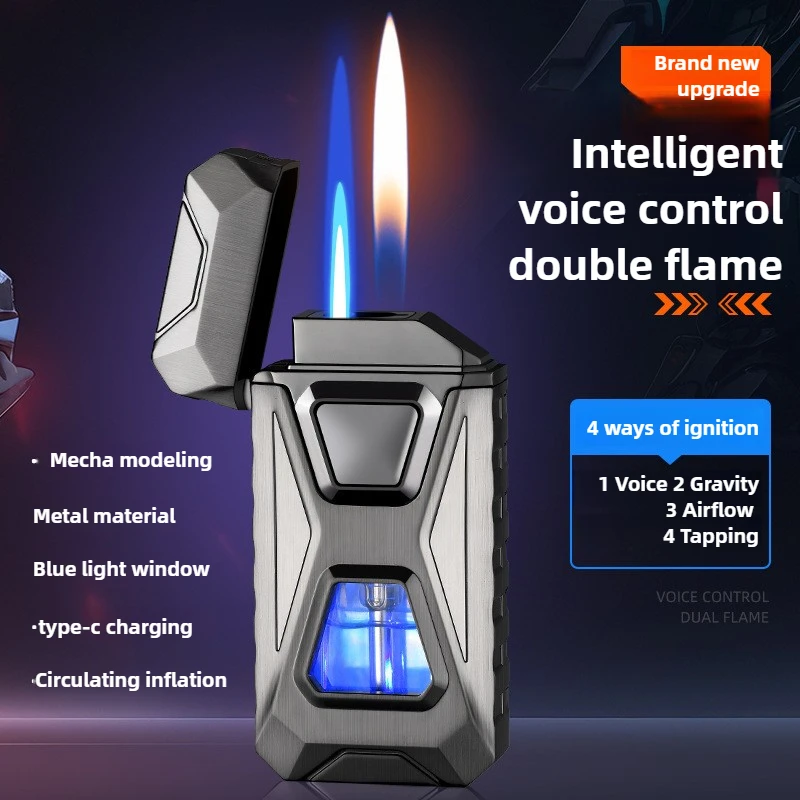 TH653 Smart Voice Control Lighter - Dual Jet Flame Mecha Design with Refillable Butane, Windproof Gas Lighter for Men's Gift