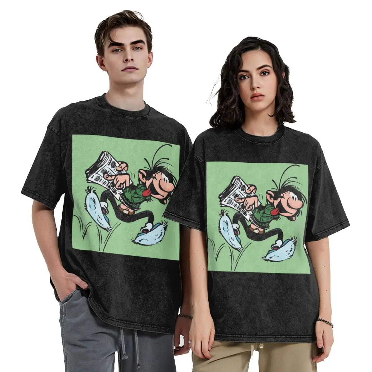 Gaston Lagaffe Big Ben Head Washed T Shirts Vintage Short Sleeve Hip Hop T-Shirt Streetwear Tops Tees for Men Women