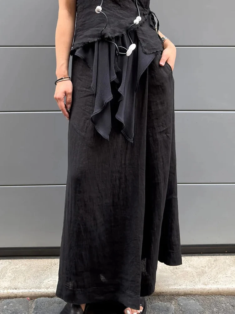 بنطلون مرقع بجيب غير رسمي للربيع والصيف، سروال نسائي بسيط بخصر عالي المرونة وواسع الساق، سروال نسائي أنيق فضفاض جديد لعام 2025