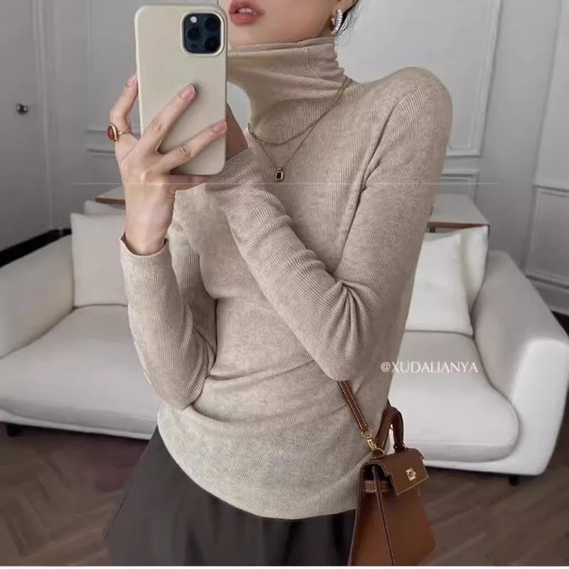

French Style Niche High Neck Cashmere Base Shirt Women Slimming Fine Wool Thin Knitted Sweater
