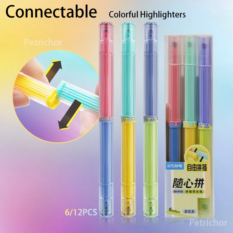

6/12 Pcs Connectable Highlighters - Stackable Colorful Markers for Art Notes & Portable Journaling