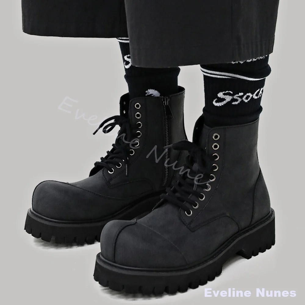 Black Distressed Matte Leather Ankle Boots Men Cap Stitching Lace-Up Platform Motorcycle Shoes Punk Gothic Street Combat Boots