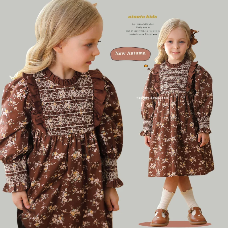 

French Retro Handmade Smocking Stand Collar Girl Dress2024Autumn New Bubble Long Sleeve Sweet Princess Dress