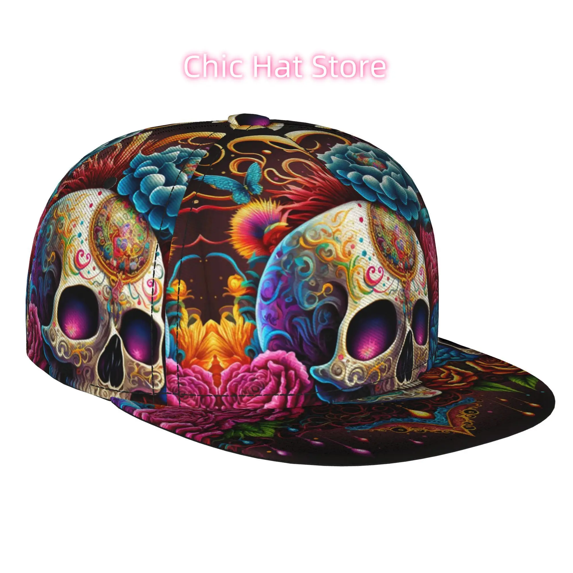 1pc Sugar Skull Floral Butterfly Art Fully Printed Hip-hop Caps, Baseball Caps, Stylish Flat-brimmed Baseball Caps, Sports Outdo