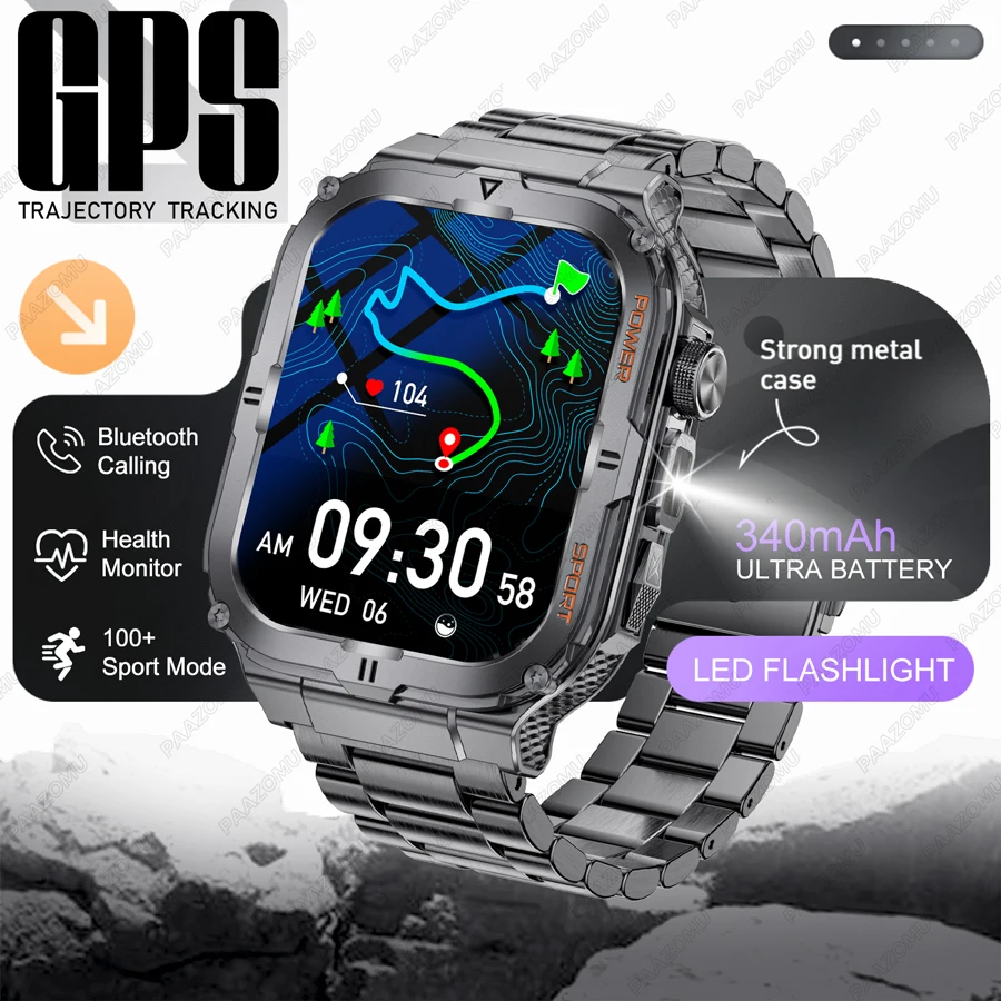 New Outdoor Military Smart Watch Men BT Call 1.96" AMOLED Heart Rate Fitness Sports GPS Watches With LED Flashlight Smartwatch