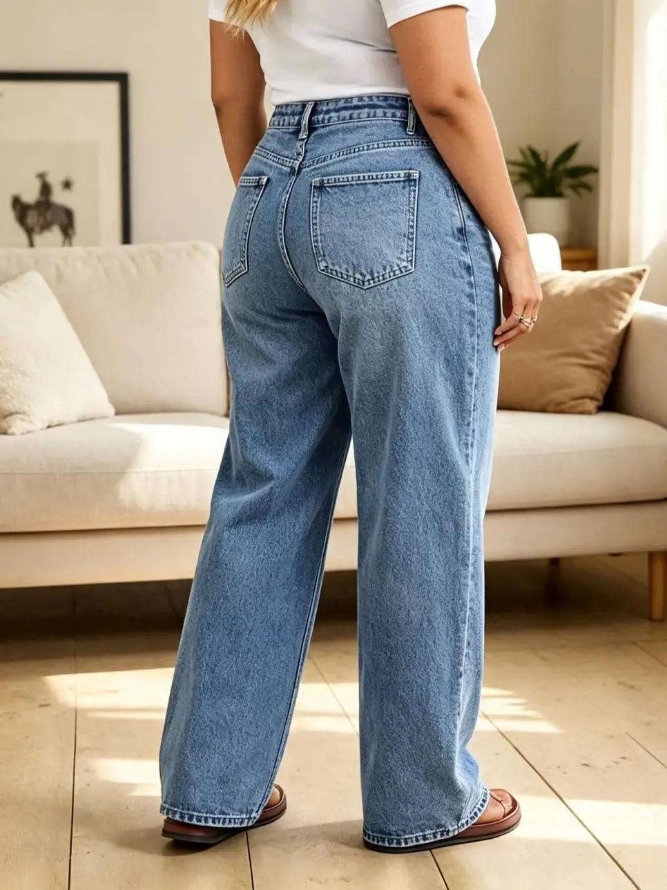 【HME】Jeans | Women High Waist Wide Leg Denim Pants, Vintage Stone Wash Baggy Denim Jeans, Decorative Stitch Front Pockets, Loose Fit Straight Pants, Classic Five‑Pocket Design For Casual Street Daily Outfits