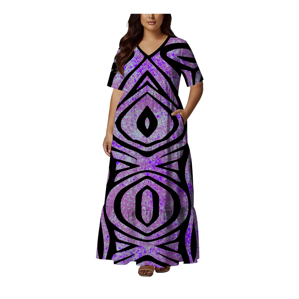 

Летнее настраиваемое свободное платье с v-образным вырезом и короткими рукавами, высококачественное полинезийское вечернее платье с этническим дизайном для женщин