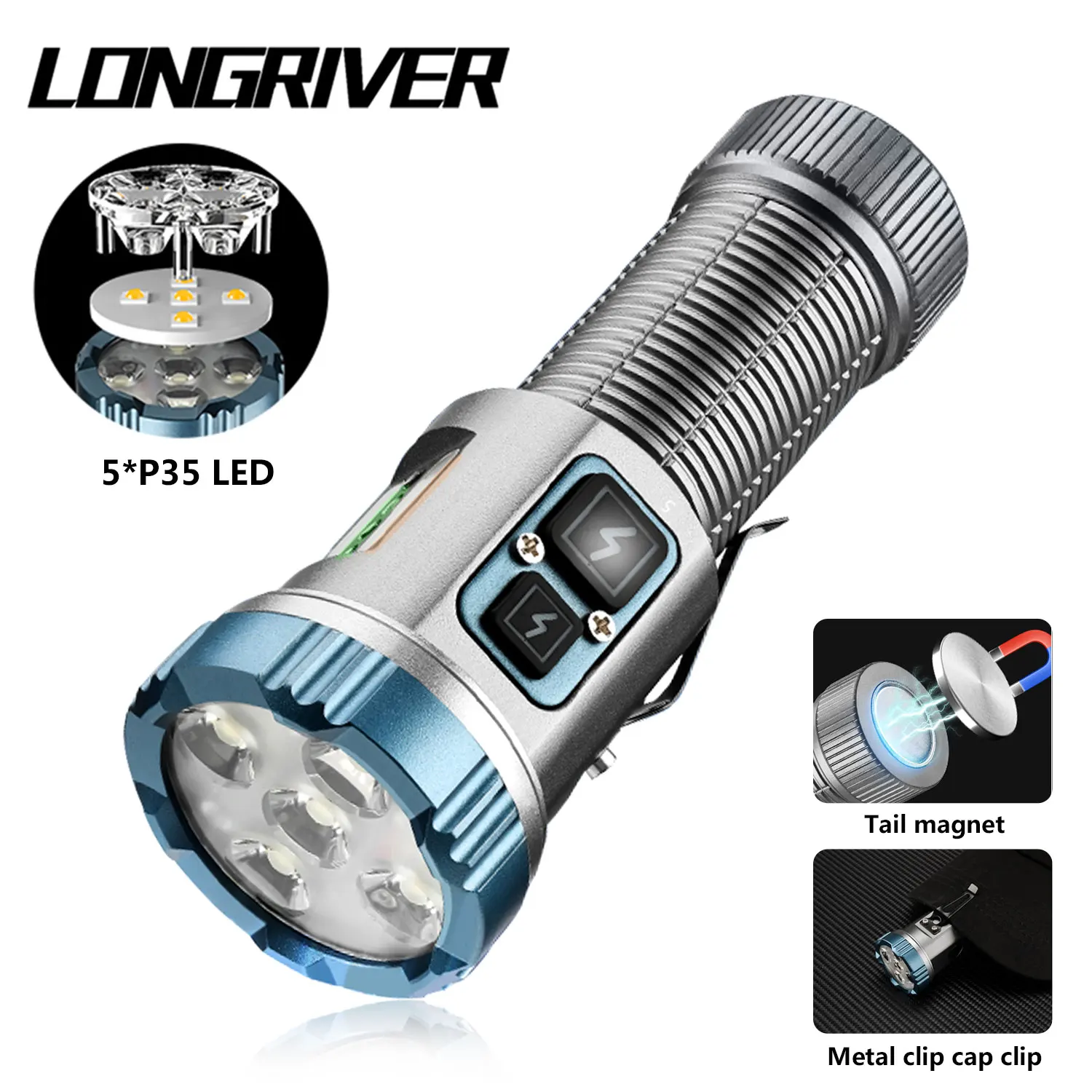 

LONGRIVER F55 EDC Flashlight Powerful Flashlight 5*P35 LED 2500LM 18650 Rechargeable Led Light High CRI Torch Lamp with Magnetic