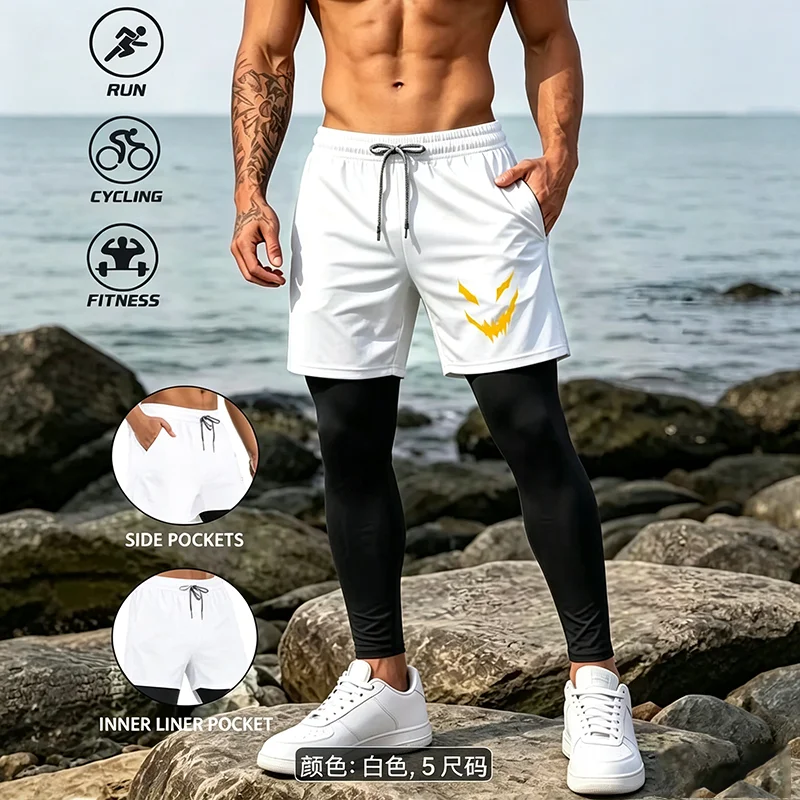 Men 2-in-1 Sports Pants Double Layer Compression Leggings Breathable Quick Dry Workout Fitness Running Training Trousers w354