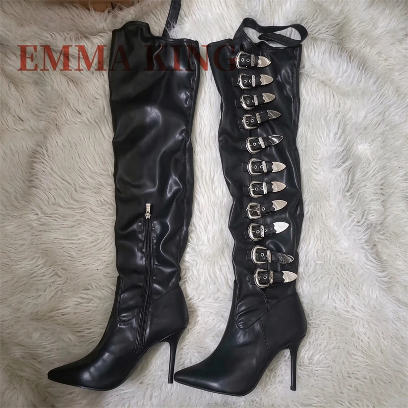 Women Black PU Thigh High Boots, Multi Metal Buckle Decor Long Boots,Pointed Toe Stiletto High Heel Thigh High Chap Boots,35-44