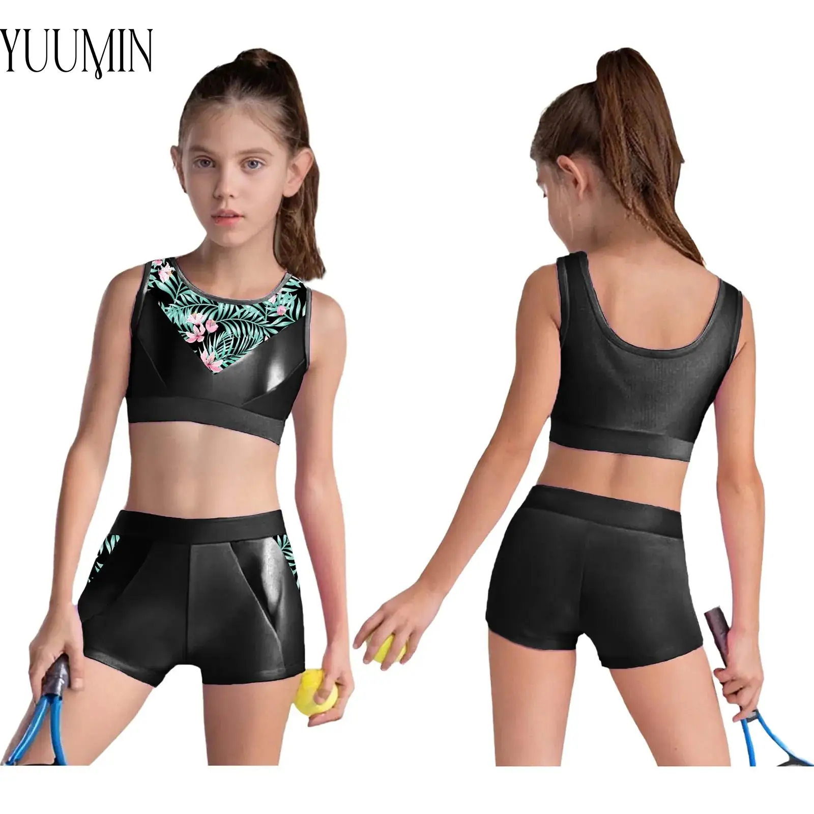

Fashion Kids Sportswear Girls Fitness Workout Costume Sleeveless Metallic Crop Tank Top+Shorts Yoga Gymnastics Dancewear Outfit