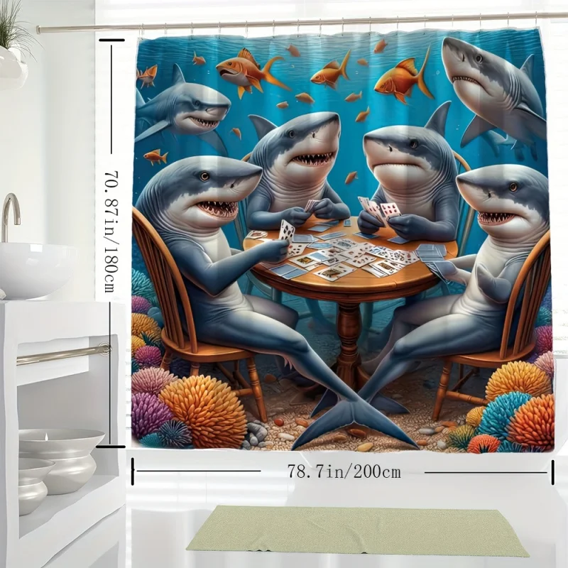 YWJHUI Underwater Sharks Playing Cards Digital Print Shower Curtain, Water-Resistant Polyester Knit with Hooks, Cartoon Fish and