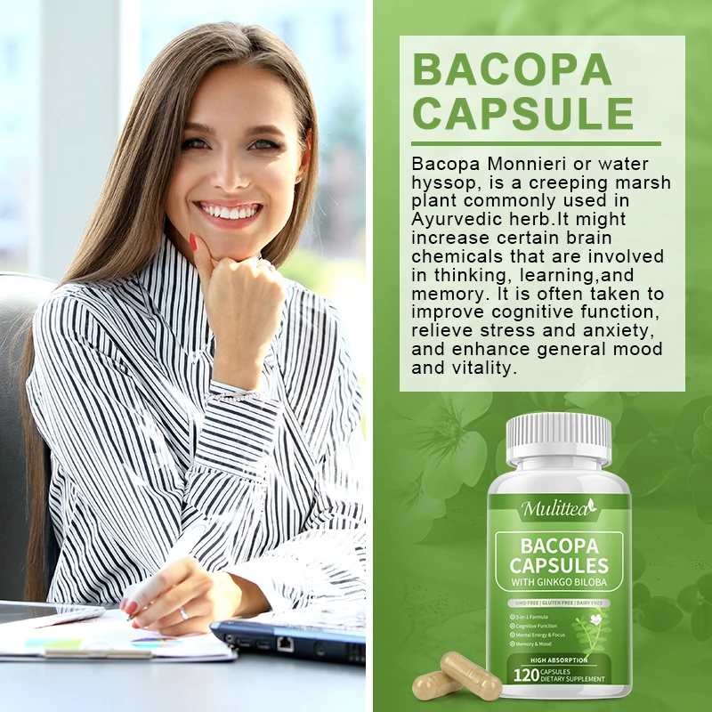 Mulittea Organic Bacopa Monnieri Extract Supplement Supports Calm Memory Cognition Brain Enhance and Increases Memory