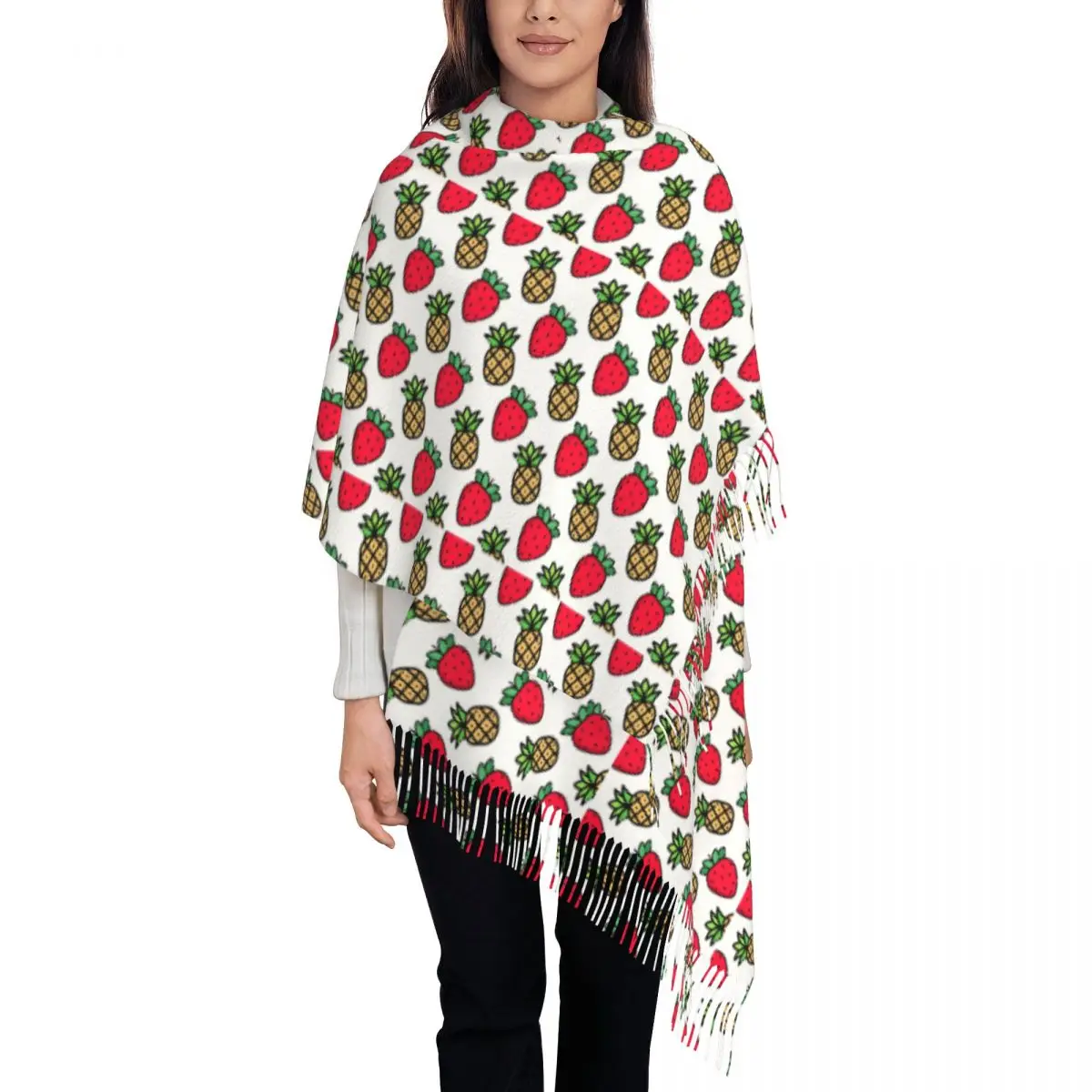 Strawberries Pineapples Fruits Scarf Wrap Women Long Winter Warm Tassel Shawl Unisex Scarves