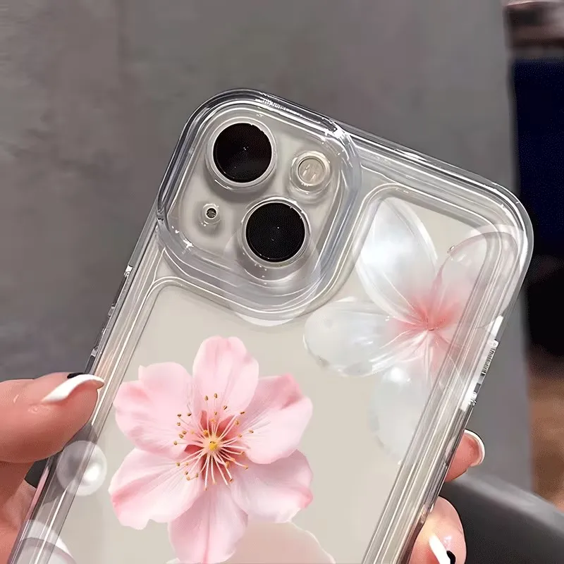 أنيقة الوردي زهر الخوخ اللؤلؤ طباعة جراب هاتف آيفون 16 17 برو ماكس 15 14 13 12 11 برو ماكس 16E X XS 7 8 زائد غطاء شفاف