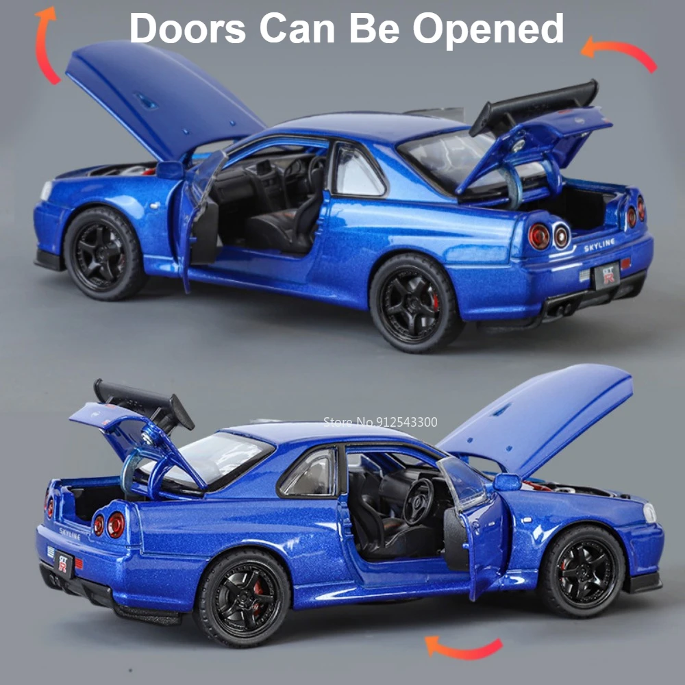 1:32 Scale Nissan SKYLINE GTR R34 Sports Car Model Toy Metal Diecast Pull Back Light Music 4 Doors Opened Vehicle Ornaments Gift