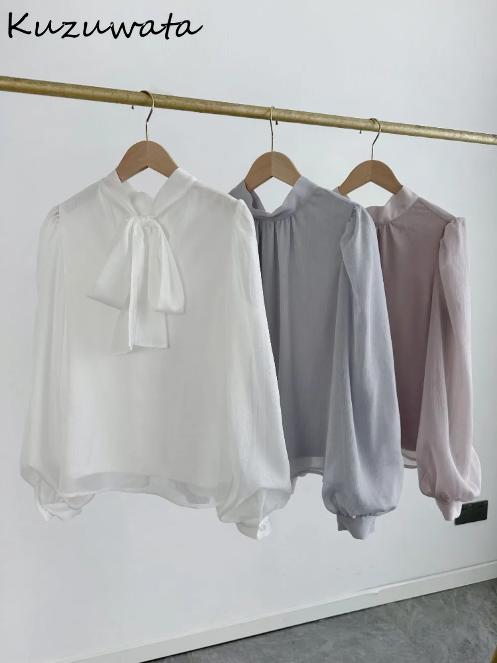 

Kuzuwata Chiffon Slim Lace Up Casual Blouses Stand Collar Puff Sleeve Temperament Elegant Shirt Japan Bow All-match Fresh Blusas