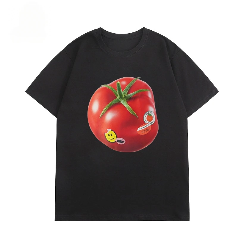 

2025 Big Tomato Full Short Sleeve T-shirt Summer New Interesting Physical Print Men and Women Loose Pure Cotton High Quality Tee