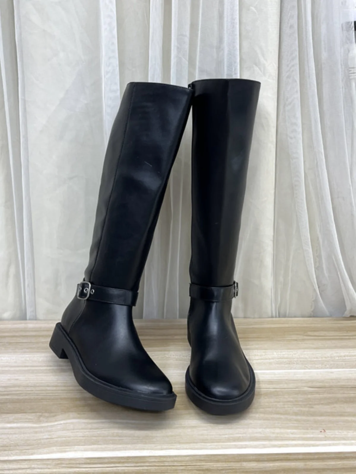 

Women's round Toe Chunky Heel Booties with Belt Bule Side Zipper High Tubc Pure Color Faionable Long Boots for Autumn Winter