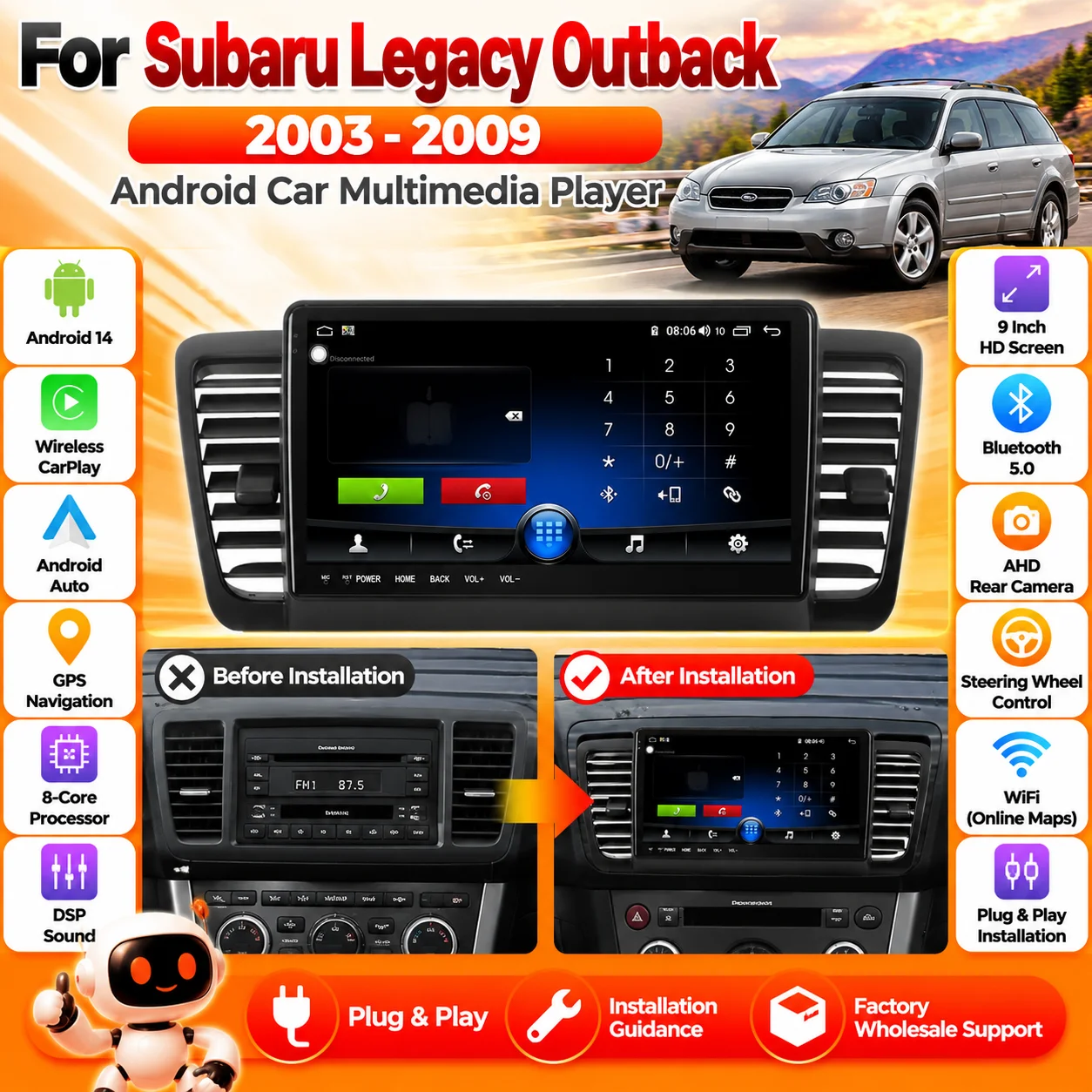 Android14 Screen For Subaru Legacy Outback 2003-2009 Car Radio With Bluetooth Carplay Central Multimedia Player Stereo Head Unit