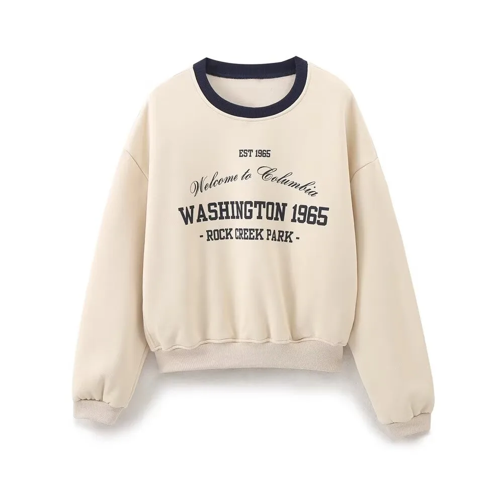 TRAF ZR Varsity Sweatshirt Long Sleeves Pullovers Woman 2024 O-NECK Preppy Style Sweatshirts Front Text Print Autumn Tops