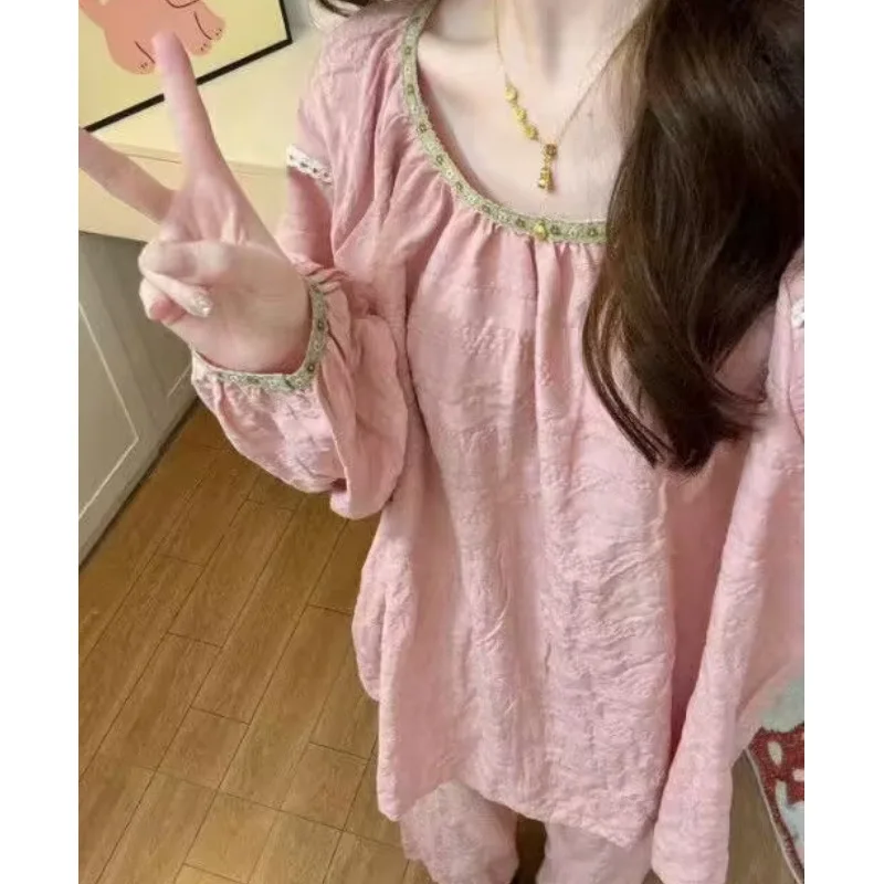 

National Style Sleepwear Women's 2026 New Spring and Autumn Cloud Cotton Long Sleeved Sweet and High-end Home Suit Set