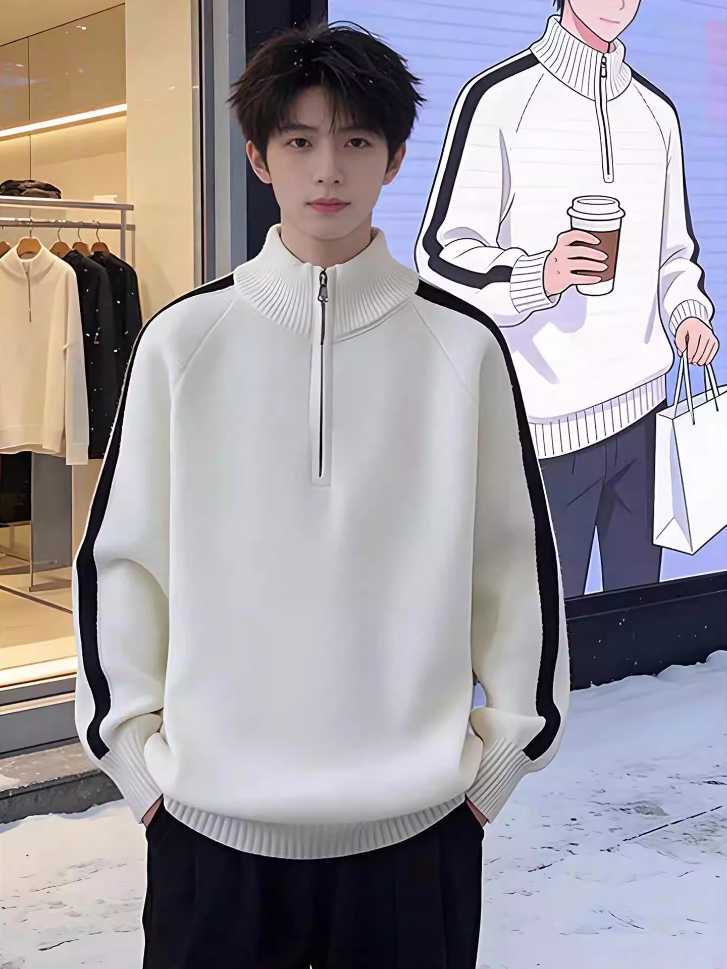 

Men's High Collar Knitted Sweater f Zip Inner Wear Lazy Color Colion Autumn Winter Warm Polyester Fiber Long Sve