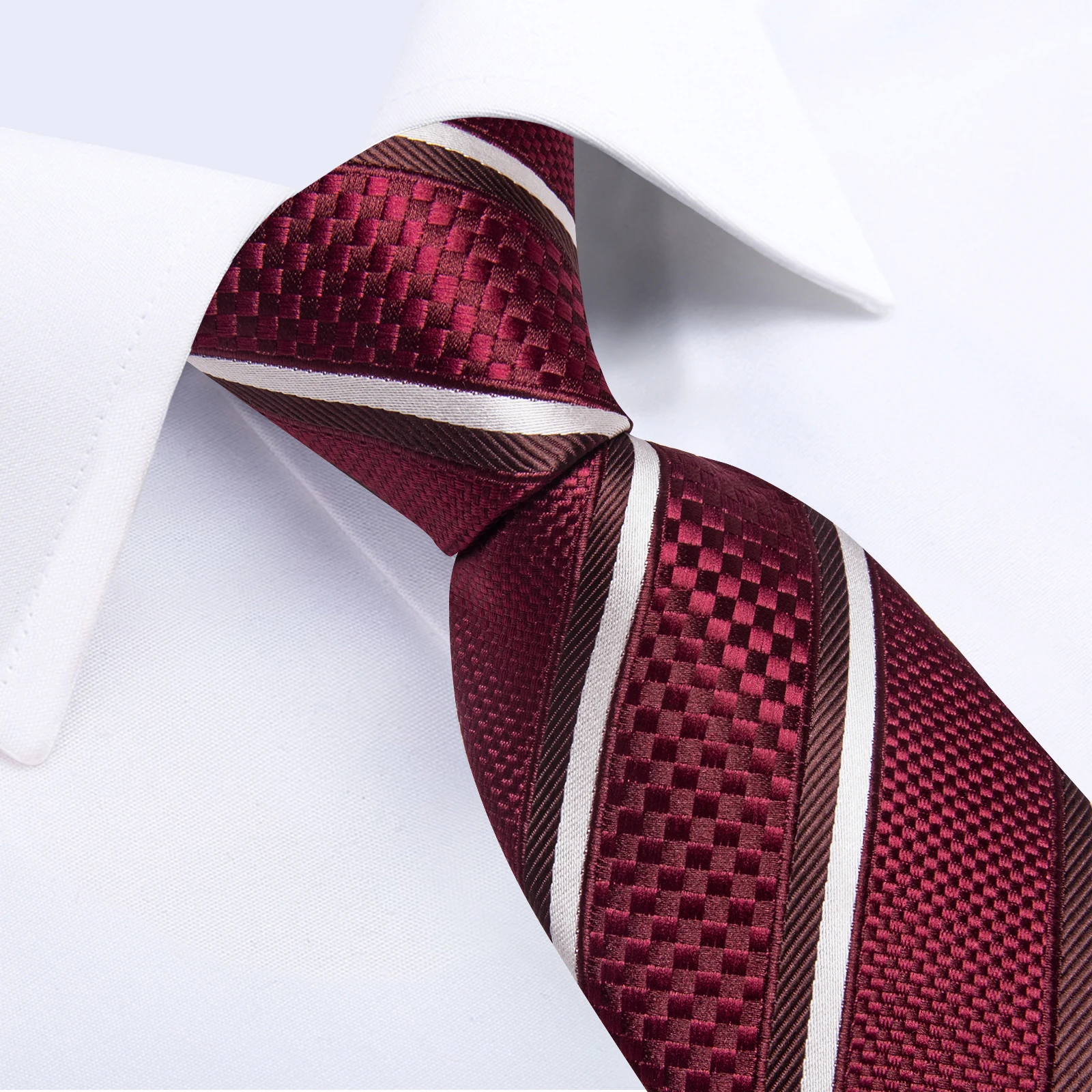 럭셔리 남성용 타이 자카드 스트라이프 넥타이 포켓 스퀘어 커프스 세트 레드 네이비 블루 핑크 남성 결혼식 비즈니스 파티 선물