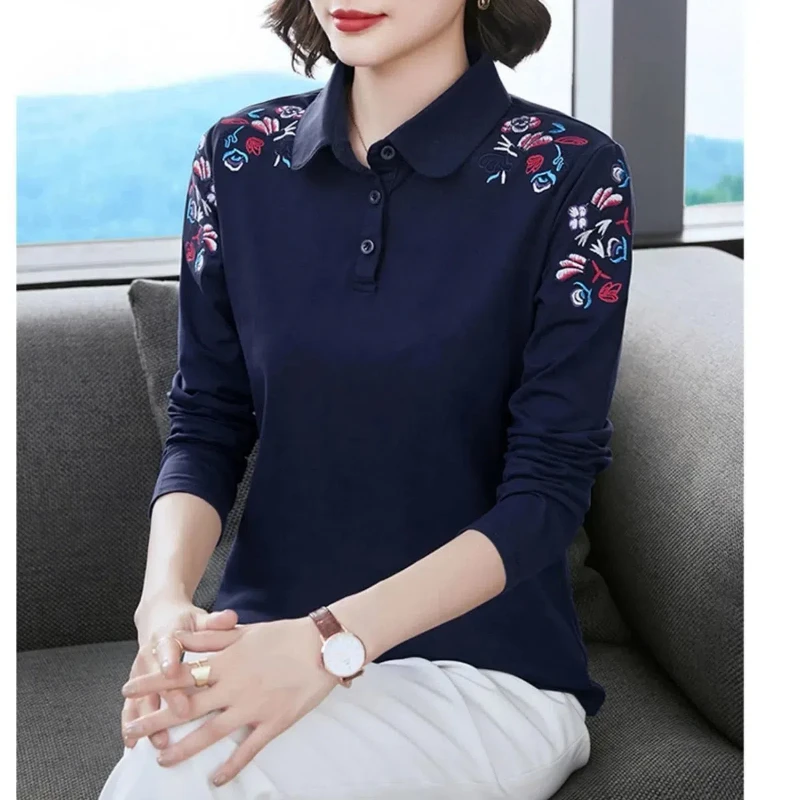 2024 Pure Cotton Turn-down Collar Long Sleeve Spring and Autumn 2024 New Arrivals Embroidery Temperament All-match Polo Shirts