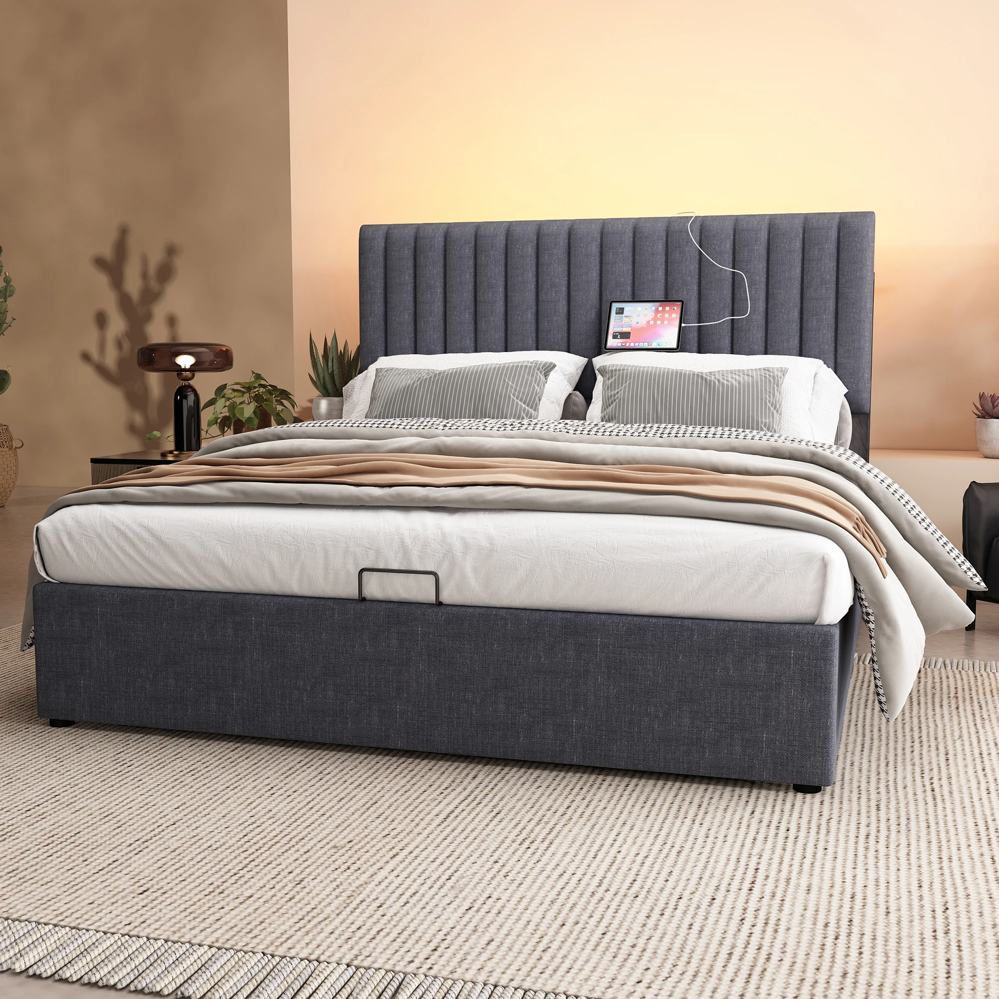 Lit double KOMHTOM avec espace de rangement 160x200 cm, matelas inclus, éclairage d'ambiance LED, port de charge USB-C