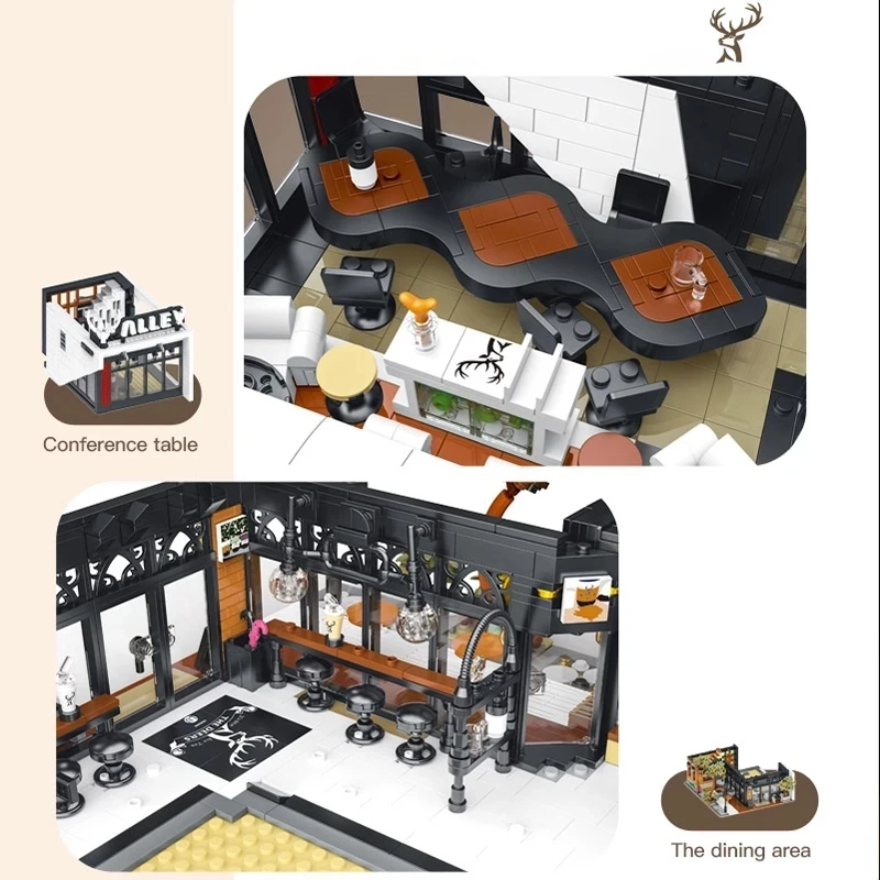 3423PCS Street View Antler Lane Cafe House Building Blocks Creative Expert Milk Tea Shop Restaurant Model Bricks Toys For Kids