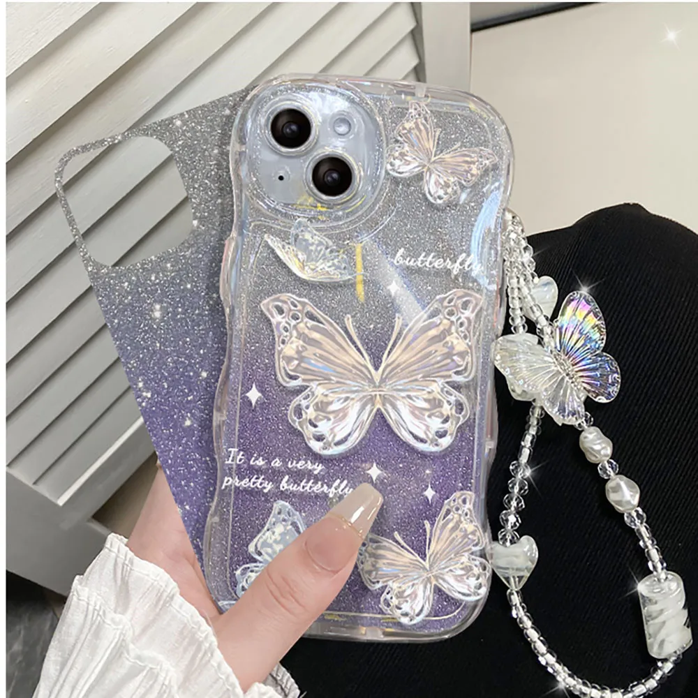 Luxury Butterfly Glitter Clear Soft Case For iPhone 15 14 13 12 11 Pro Max XR XS X 7 8 Plus Hang Chain Lanyard Silicone Cover