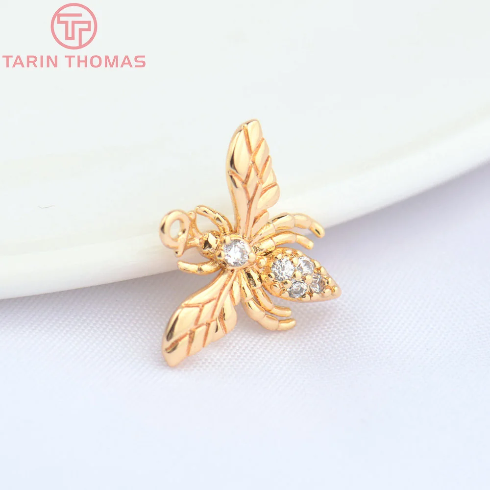 (4625) 6PCS 14x12MM Hole1MM 24K Gold Color Brass with Zircon Bee Pendants High Quality DIY Jewelry Making Findings Wholesale