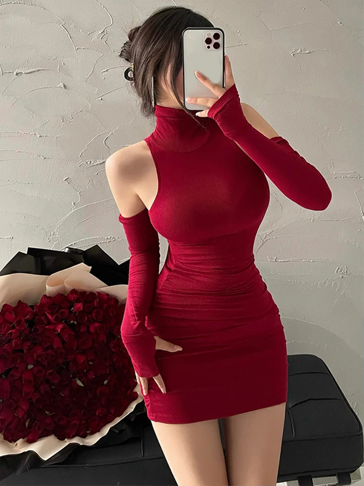 Vestido de Verano Sexy de Cuello Alto Ajustado con Manga Larga y Falda Plisada, Vestido Envolvente de Cadera para Mujer Bodycon 2