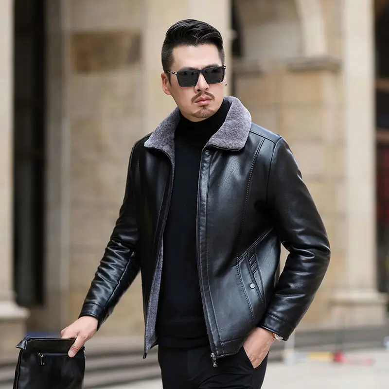 Genuine Leather Jacket For Men Middle-Aged Sheepskin Jacket Man Plus Plush Flip Collar Fur Integrated Jacket Large Size Coat