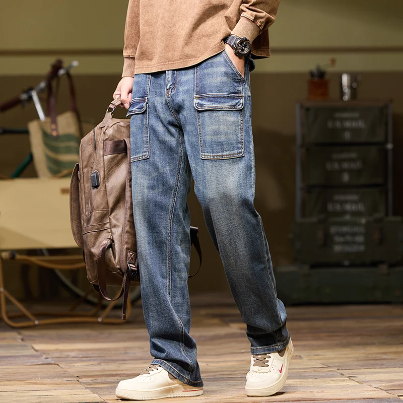 Retro blue multi-pocket cargo jeans for men Fashion high-end loose plus size men's jeans autumn and winter stretch trousers