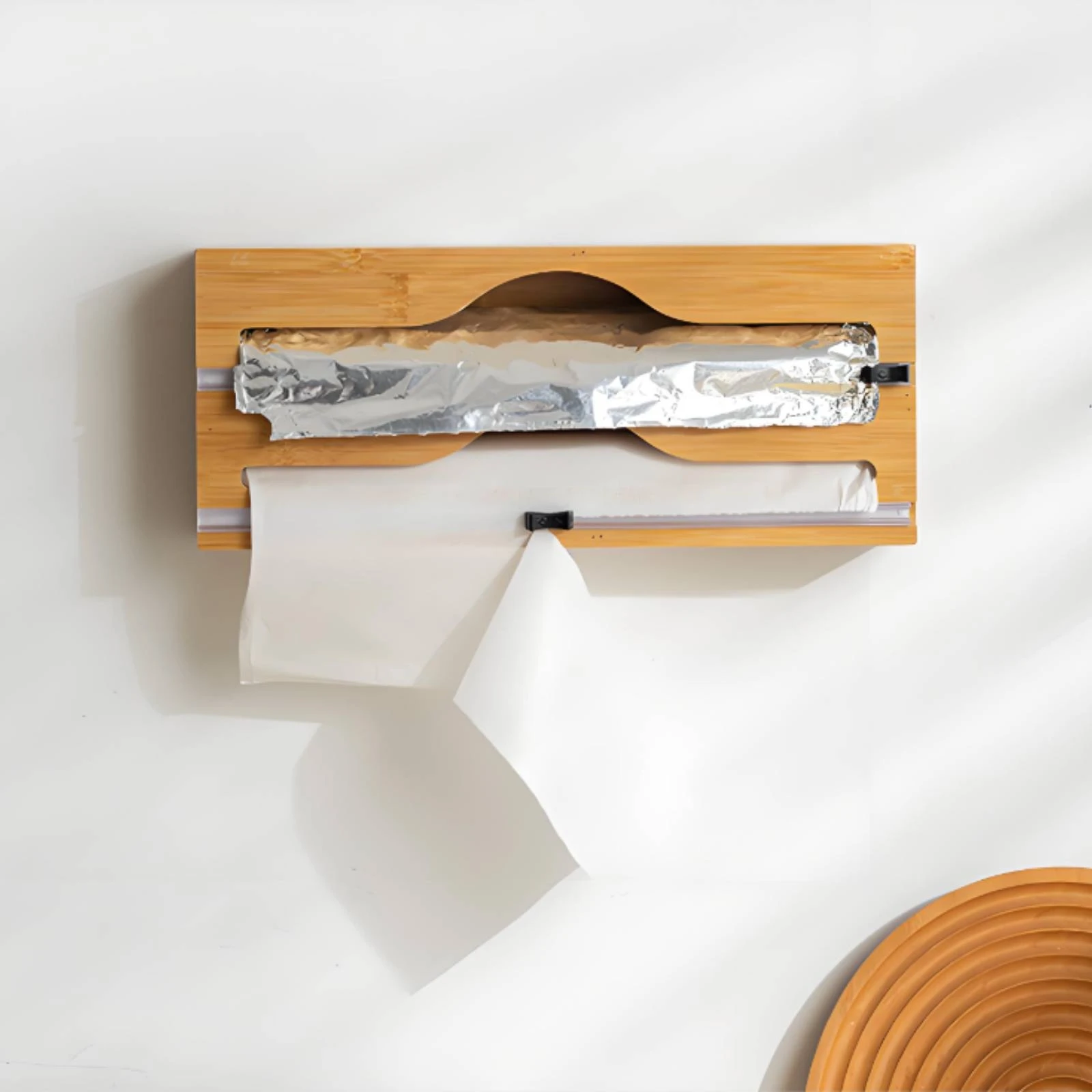 Wall-Mounted Cutter Box Front Cutting Slot Bamboo Foil Box Bamboo Wrap Organizer Curved Opening Plastic Wrap Holder Clean Cut