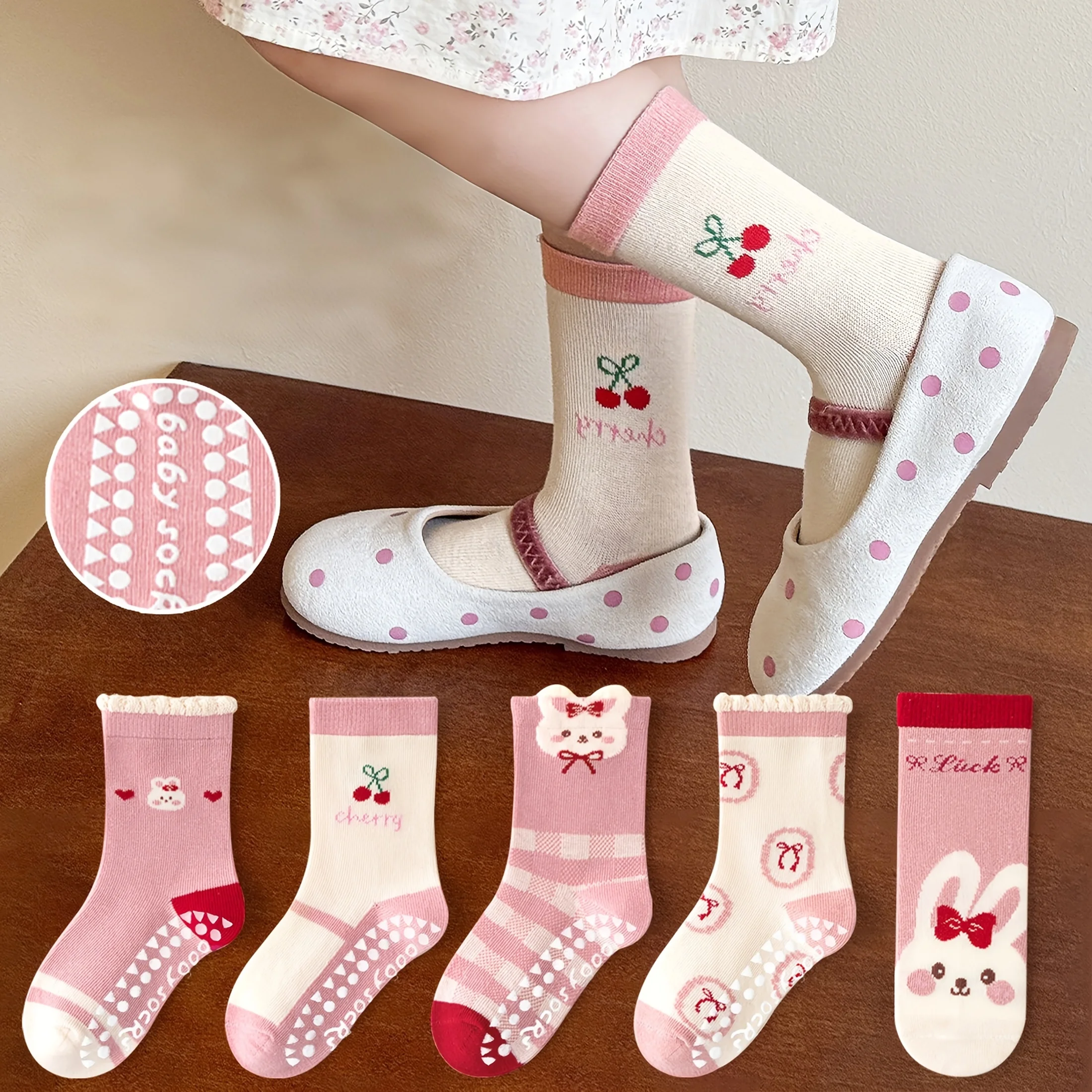 5-Pack Children's Floor Socks with Pink Bow and Bunny Pattern, Non-Slip Soft Sole Indoor Socks for Girls, Babies, and Toddlers, Featuring Cherry Fruit and Letter Designs, Suitable for Casual Daily Lif image 6