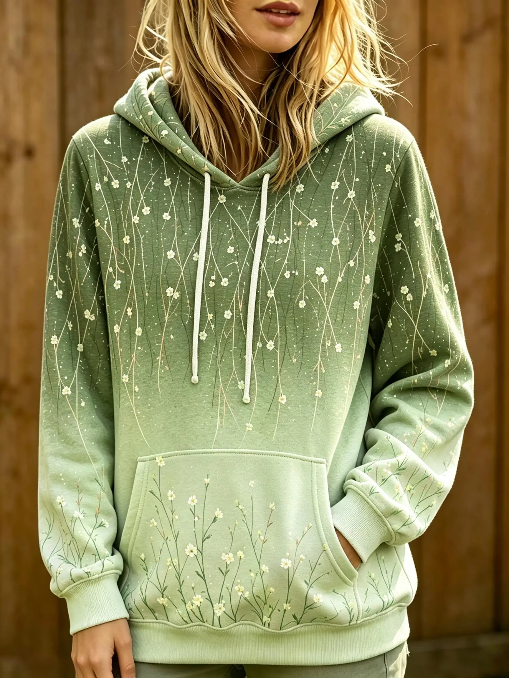 Women Fleece Hoodie Gradient Wildflower Branch All Over Print Soft Aesthetic Oversized Hooded Sweatshirt