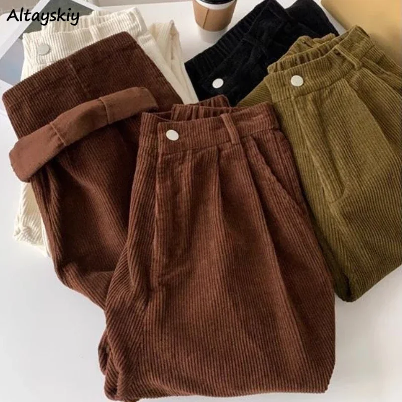 Corduroy Wide Leg Pants for Women High Waist Plus Velvet Stylish Vintage Trousers Leisure Students Ulzzang College Streetwear