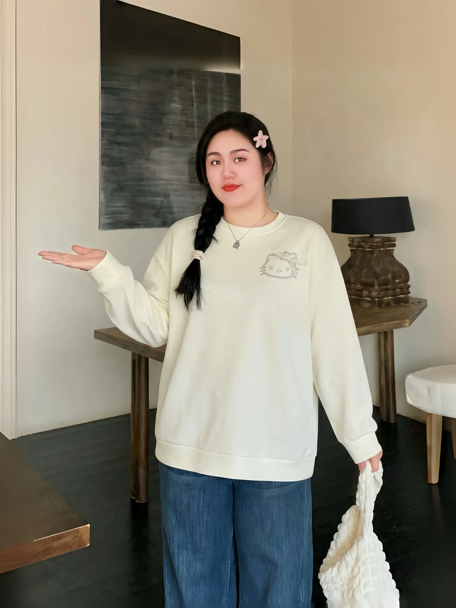 

Spring Cartoon Print round Neck Sweatshirt Casual Style Loose Top for plus Size Women Comfortable Cotton Polyester Blend