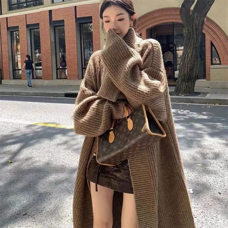 

Large Collar Long Cardigan Jacket for Women 2024 Autumn and Winter New Design Niche Knit Sweater Loose Retro Sweater Solid Color