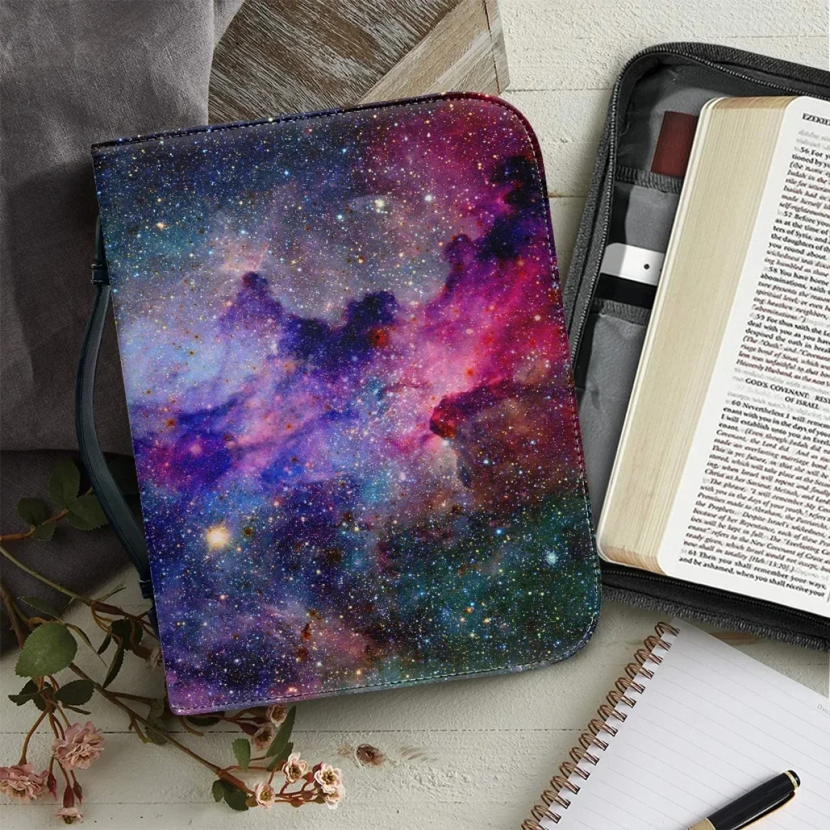 

Кожаная сумка-органайзер для Библии и книг с 3D-дизайном «Звездная туманность», с ручкой и молнией, для церкви, молитв и учебы