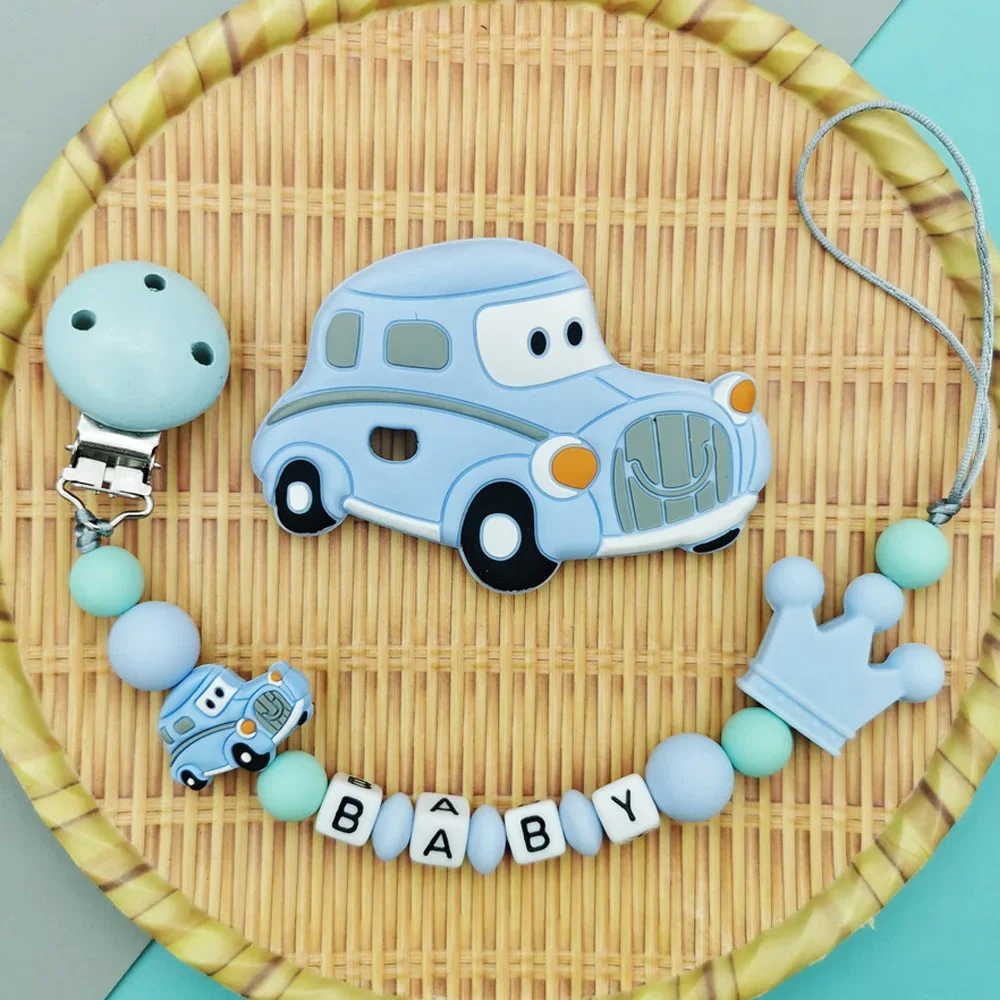 Custom English Russian Letter Name Silicone classic cars Pacifier Clip Chain Teether Pendant for Baby Pacifier Kawaii Teether